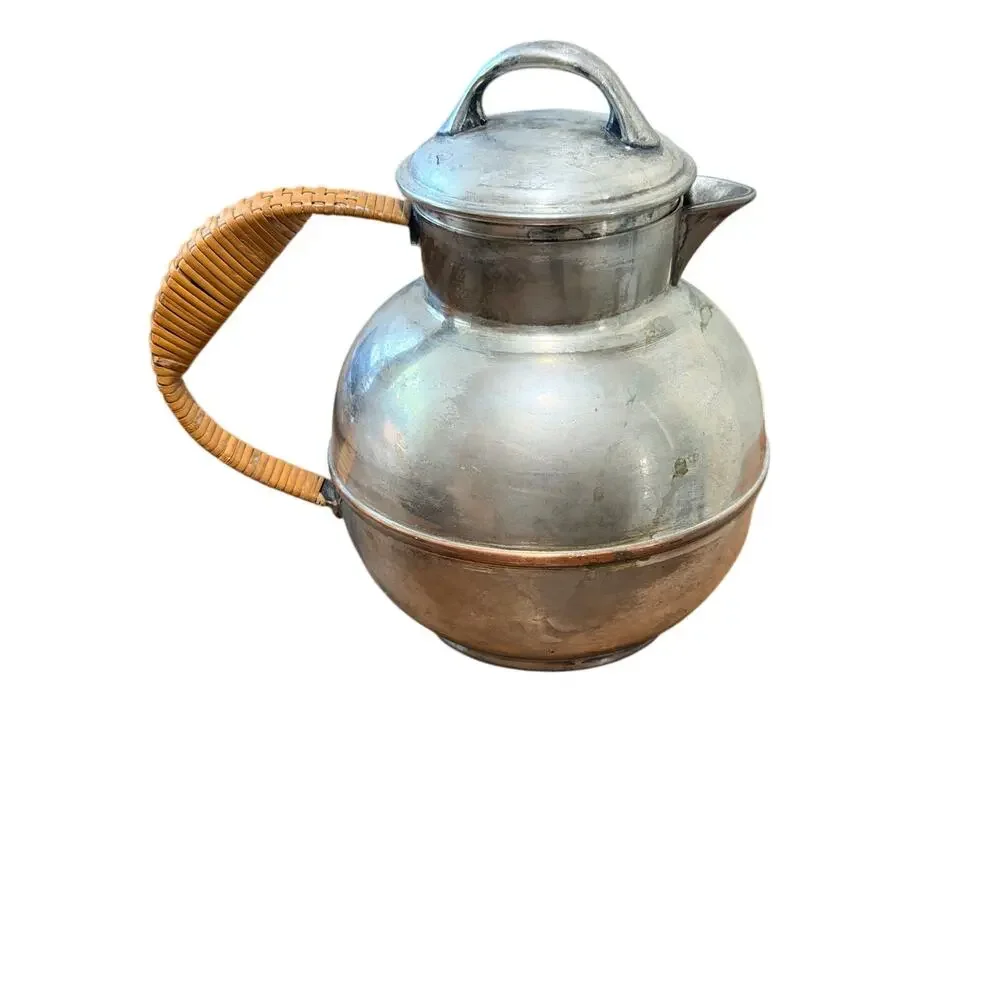 Vintage Silver-Plate Electroplated Copper Tea Kettle W/ Rattan Handle